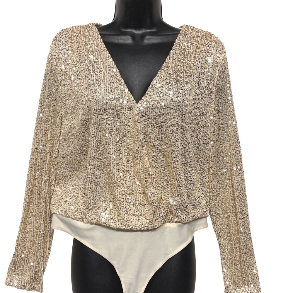 NWT Sequin Bodysuit Top Gold Champagne Long Sleeve Party Cocktail Women's Medium
